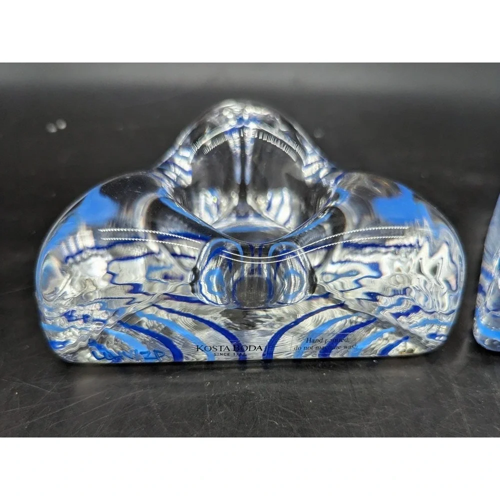 Set/2 Kosta Boda Piece Of Cake Triangle Signed Votive Candle Stripe Cobalt Blue